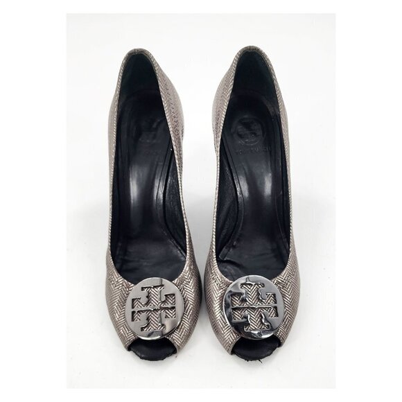 TORY BURCH Silver Herringbone Pattern Wedge Pumps Poor Condition - Picture 3 of 14